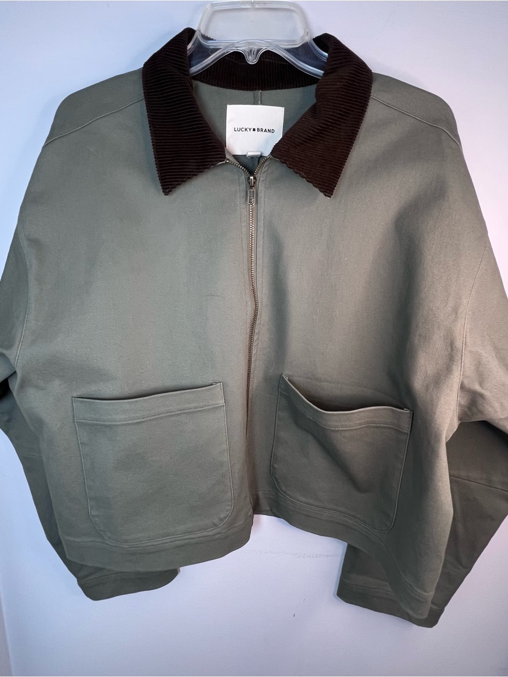 Lucky Brand Olive Green Barn Coat Jacket with Brown Corduroy Collar-Size Large